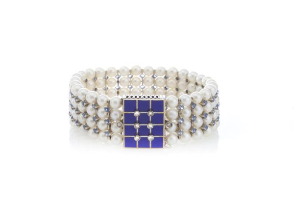 Vintage Akoya Pearl and Aquamarine Bangle Bracelet with Blue Enamel Clasp decorated with Rose-Cut Diamonds, Made in Italy, Circa 1940 - 1950s