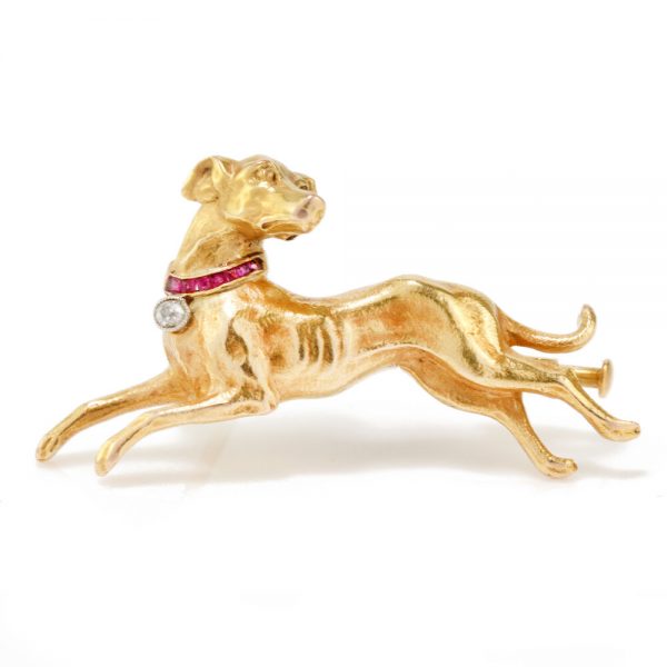 Antique Victorian 18ct Yellow Gold Dog Brooch with Diamond and Ruby decorated Collar. Made in England, Circa 1860s