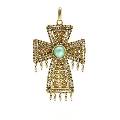 Byzantine Inspired 18ct Gold, Emerald and Seed Pearl Cross Pendant