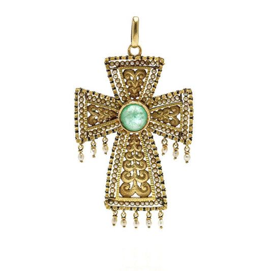 Byzantine Inspired 18ct Gold, Emerald and Seed Pearl Cross Pendant