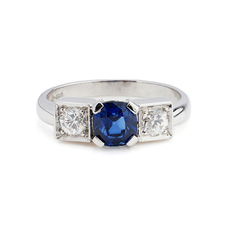 Cushion Cut Sapphire and Diamond Three Stone Ring in Platinum ...