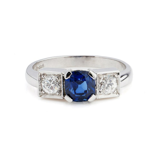 0.50ct Cushion Cut Sapphire and Diamond Three Stone Ring in Platinum