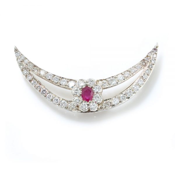 Antique Edwardian Ruby and Old Cut Diamond Cluster Crescent Brooch; oval Burma ruby and old-cut diamond cluster on diamond-set split crescent