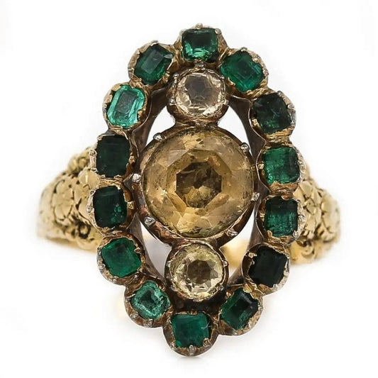 Antique Georgian Yellow Topaz and Emerald Navette Cluster Ring in 18ct Yellow Gold, Circa 1815