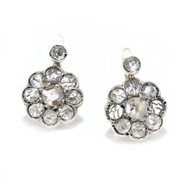Antique Victorian Rose Cut Diamond Cluster Drop Earrings, 7.40 carat total, in silver and 15ct gold, with post and clip fittings. Made in England, Circa 1850s