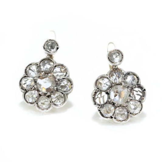 Antique Victorian Rose Cut Diamond Cluster Drop Earrings, 7.40 carat total, in silver and 15ct gold, with post and clip fittings. Made in England, Circa 1850s