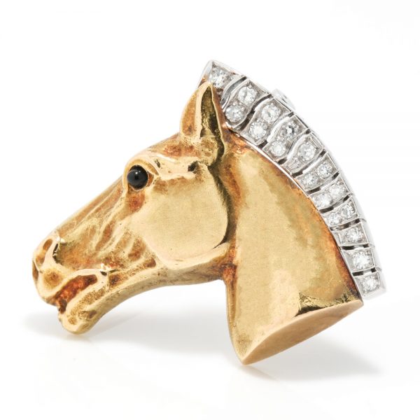 Vintage 18ct Yellow Gold Horse Head Brooch with Diamonds; 18ct gold brooch in the form of a horse's head, the mane decorated with brilliant-cut diamonds. Circa 1950s