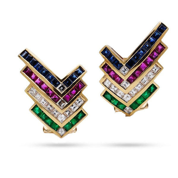 Vintage Wempe 18ct Yellow Gold Earrings with Diamonds Rubies Emeralds and Sapphires