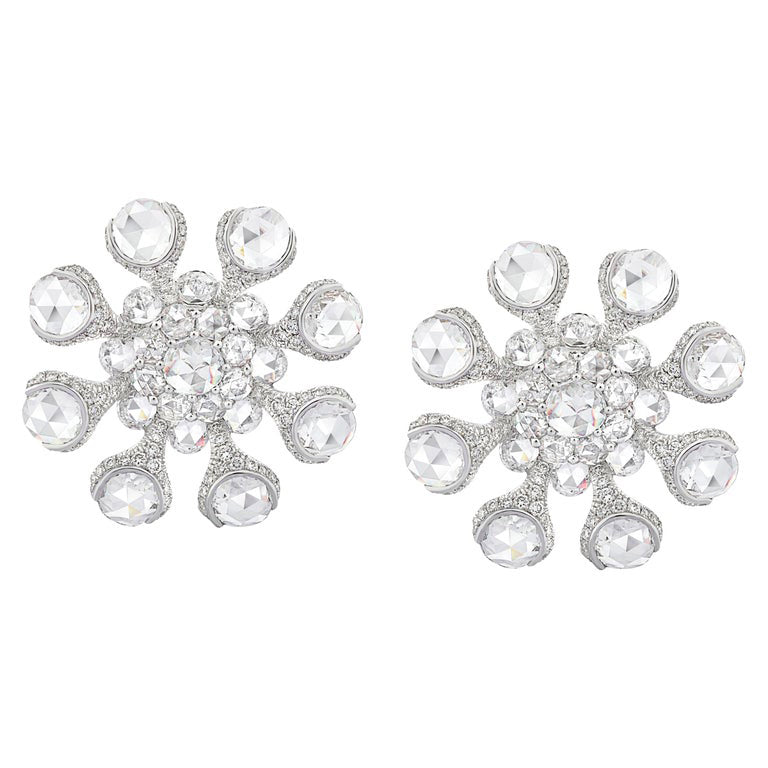 Rose Cut Diamond Flower Stud Earrings, 8.78 carat total, 18ct White Gold