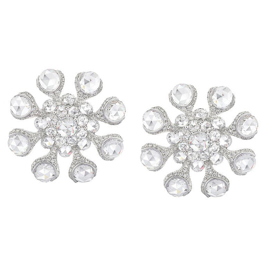 Rose Cut Diamond Flower Stud Earrings, 8.78 carat total, 18ct White Gold