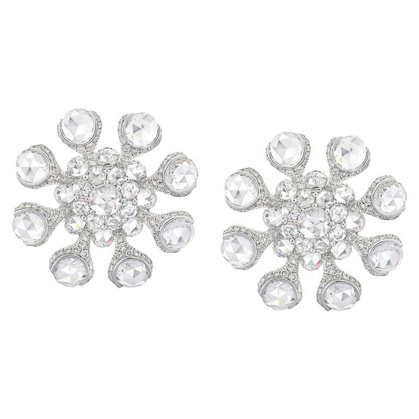 Rose Cut Diamond Flower Stud Earrings, 8.78 carat total, 18ct White Gold