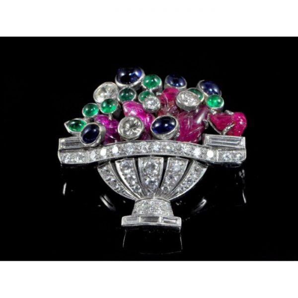 1960s Sapphire Emerald Ruby Diamond Platinum Jardiniére Brooch