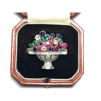 1960s Sapphire Emerald Ruby Diamond Platinum Jardiniére Brooch