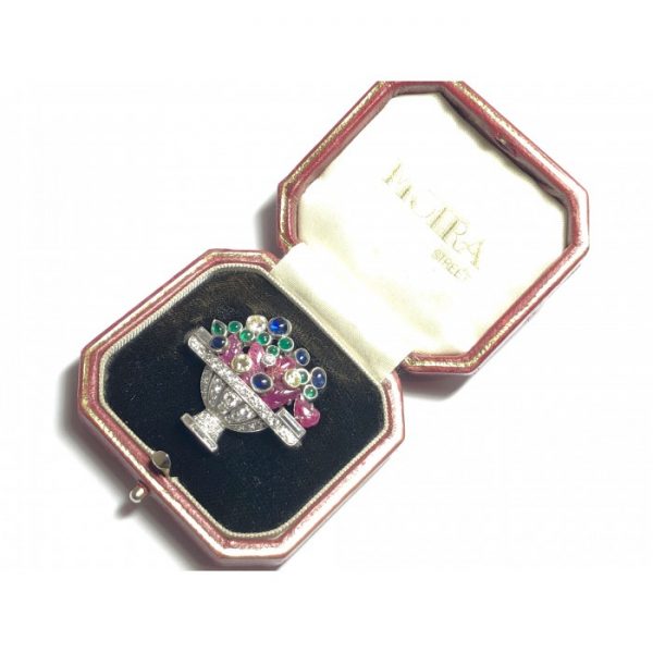1960s Sapphire Emerald Ruby Diamond Platinum Jardiniére Brooch
