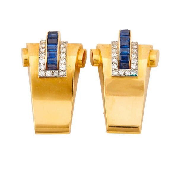 Vintage 1940s Boucheron Retro 18ct Yellow Gold, Sapphire and Diamond Double Clip Brooch with Provenance. Signed and numbered