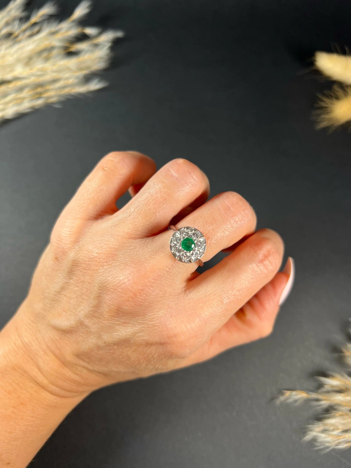 Vintage 18ct White Gold, 1940s Emerald Diamond Round Cluster Engagement Ring