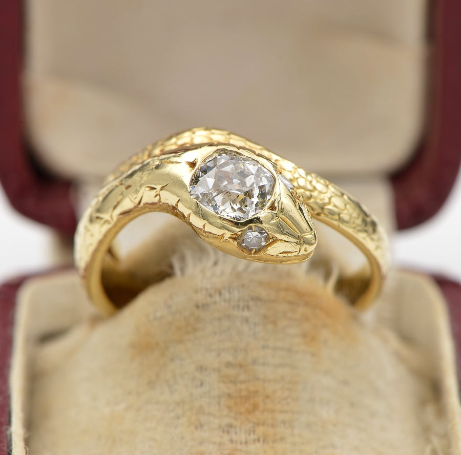 Antique Victorian 1.10ct Old Mine Cut Diamond Solitaire Snake Ring, 18ct Gold