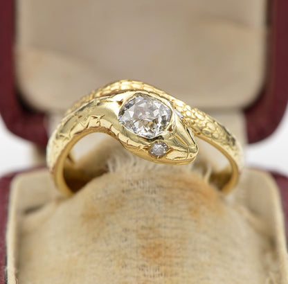 Antique Victorian 1.10ct Old Mine Cut Diamond Solitaire Snake Ring, 18ct Gold