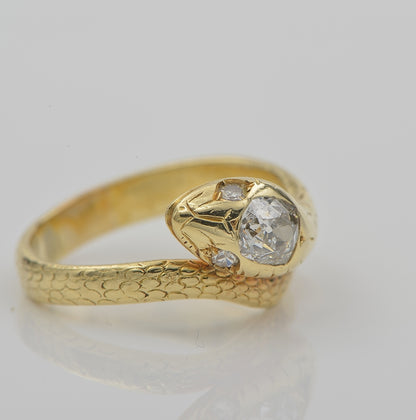 Antique Victorian 1.10ct Old Mine Cut Diamond Solitaire Snake Ring, 18ct Gold
