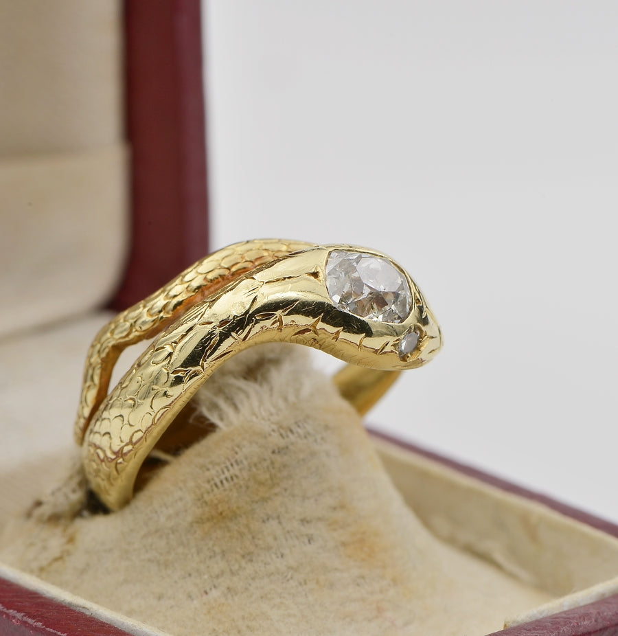 Antique Victorian 1.10ct Old Mine Cut Diamond Solitaire Snake Ring, 18ct Gold