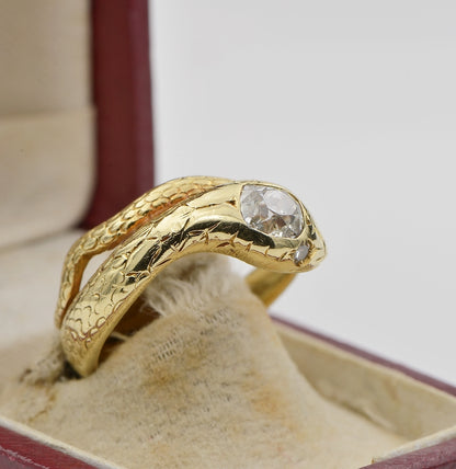 Antique Victorian 1.10ct Old Mine Cut Diamond Solitaire Snake Ring, 18ct Gold