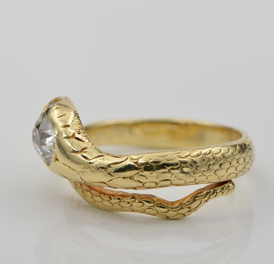 Antique Victorian 1.10ct Old Mine Cut Diamond Solitaire Snake Ring, 18ct Gold