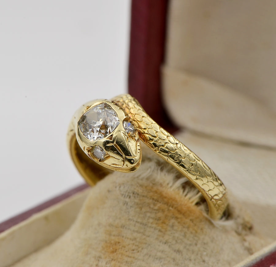 Antique Victorian 1.10ct Old Mine Cut Diamond Solitaire Snake Ring, 18ct Gold