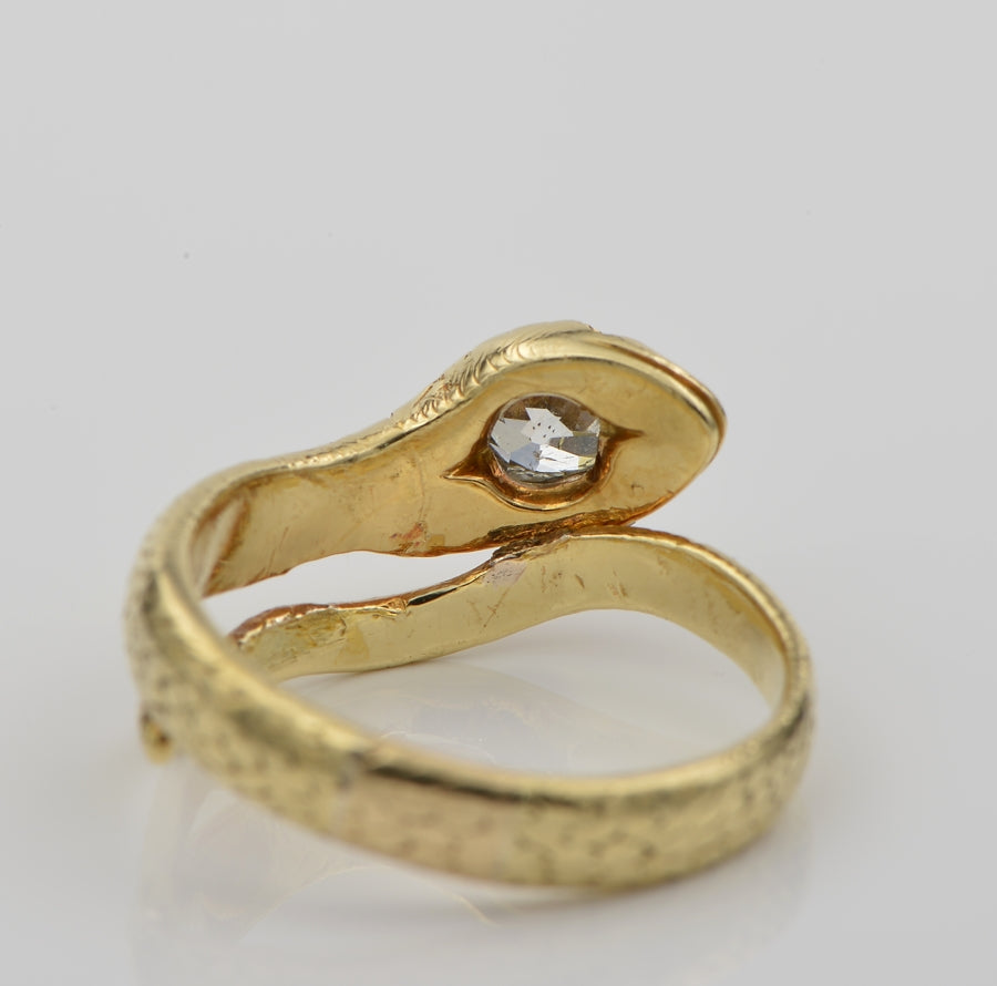 Antique Victorian 1.10ct Old Mine Cut Diamond Solitaire Snake Ring, 18ct Gold