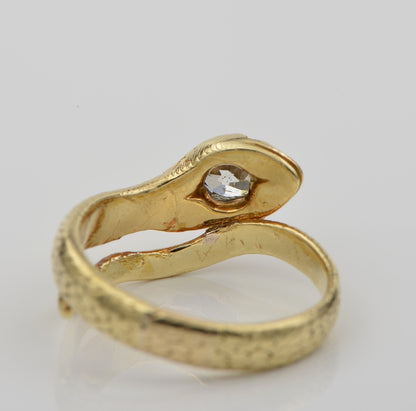 Antique Victorian 1.10ct Old Mine Cut Diamond Solitaire Snake Ring, 18ct Gold