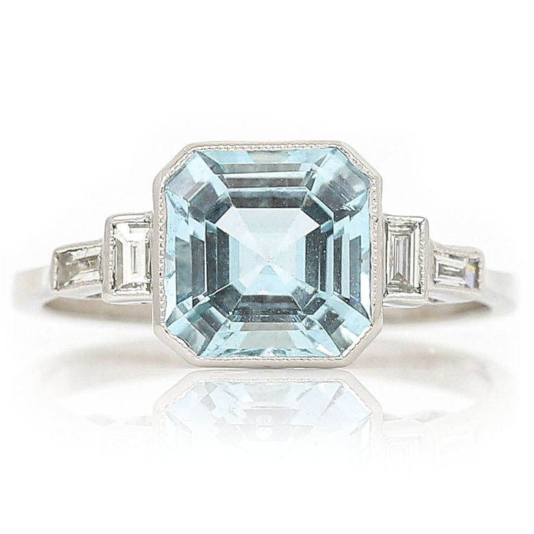 2.17ct Octagonal Aquamarine and Baguette Diamond Dress Ring in Platinum