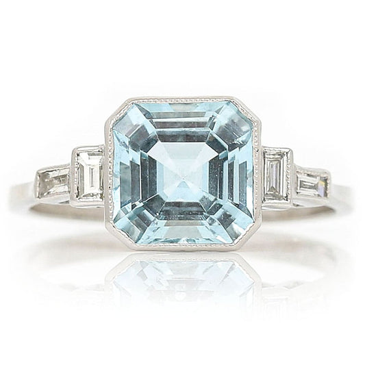 2.17ct Octagonal Aquamarine and Baguette Diamond Dress Ring in Platinum