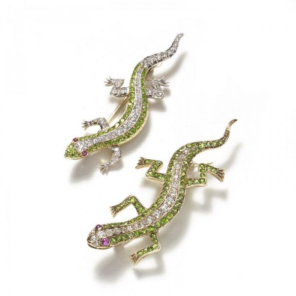 Pair of Antique Salamander Lizard Brooches; set with demantoid garnets, old-cut diamonds, and cabochon rubies, in 14ct yellow gold, c.1925