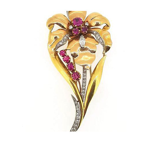 Vintage 18ct Yellow Gold, Ruby and Diamond Floral Brooch; Oval-cut rubies set stamen and leaves, round and marquise-cut diamond set stem and highlights