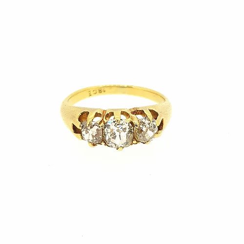Traditional Old Cut Diamond Three Stone Ring; elegant diamond trilogy ring, estimated 1.00 carat total, mounted in 18ct yellow gold.