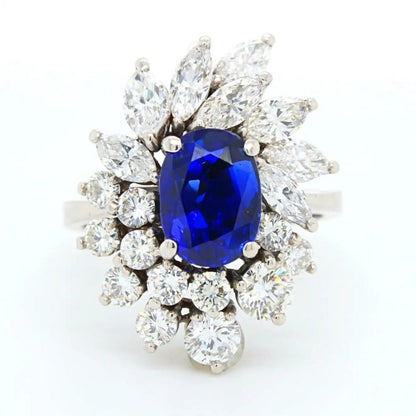 Vintage Royal Blue No Heat Burma Sapphire and Diamond Cluster Ring