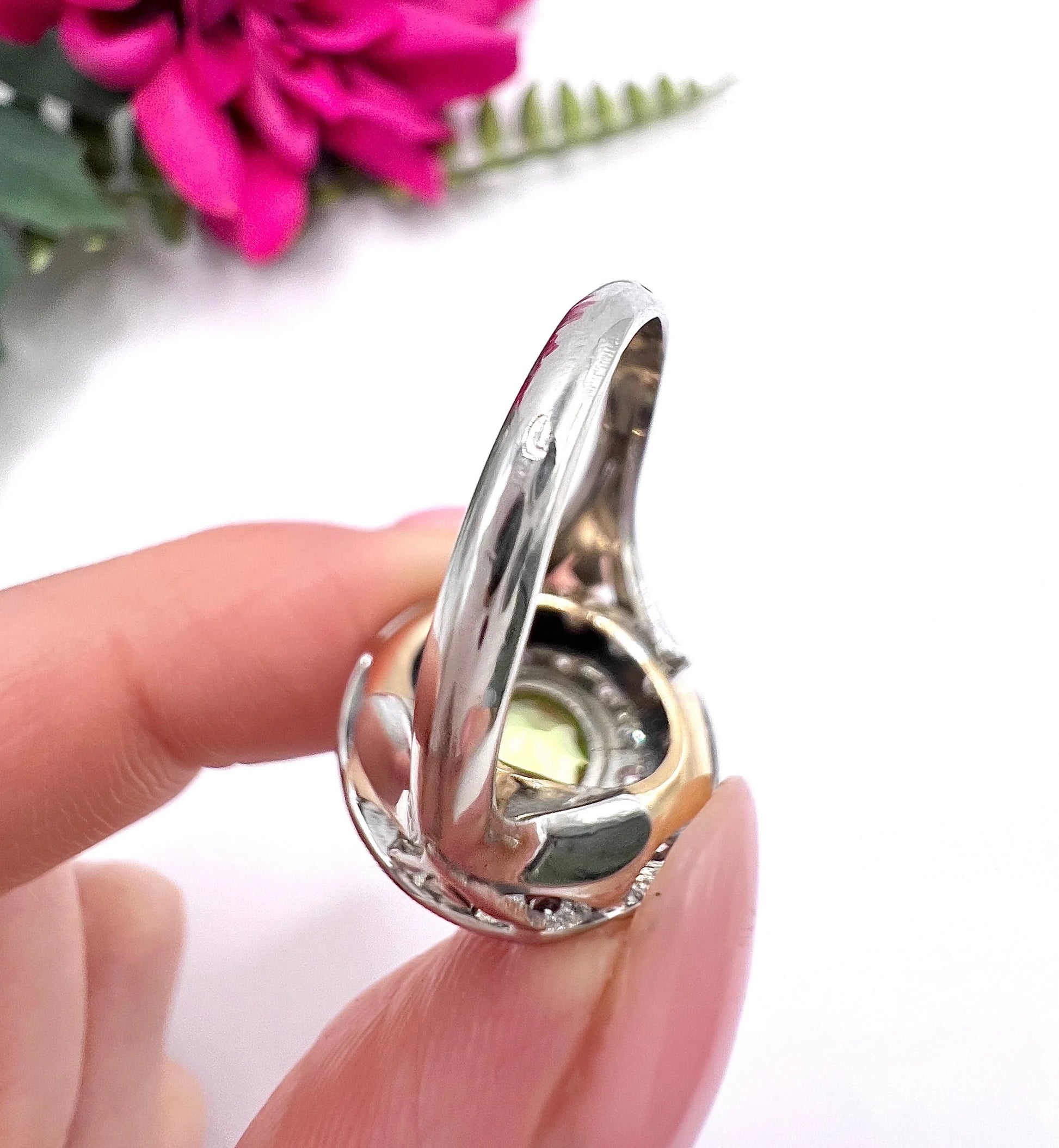 Vintage 18ct Gold French, 1940s Peridot and Diamond Double Halo Ring