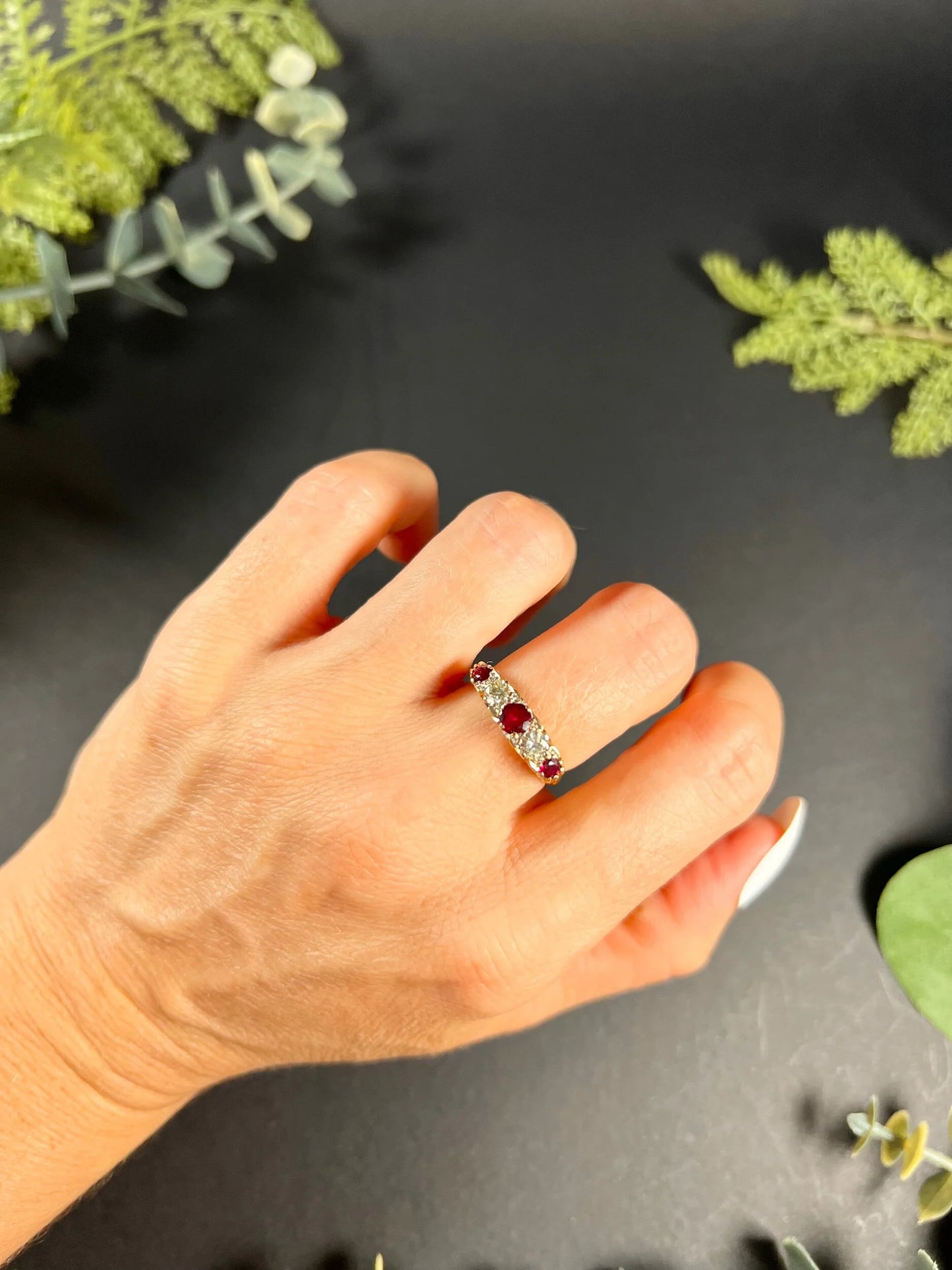 Vintage 18 Carat Yellow Gold Ruby and Diamond Carved Ring, Circa 1980