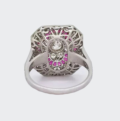 Ruby, Diamond and Platinum Panel Cluster Cocktail Ring