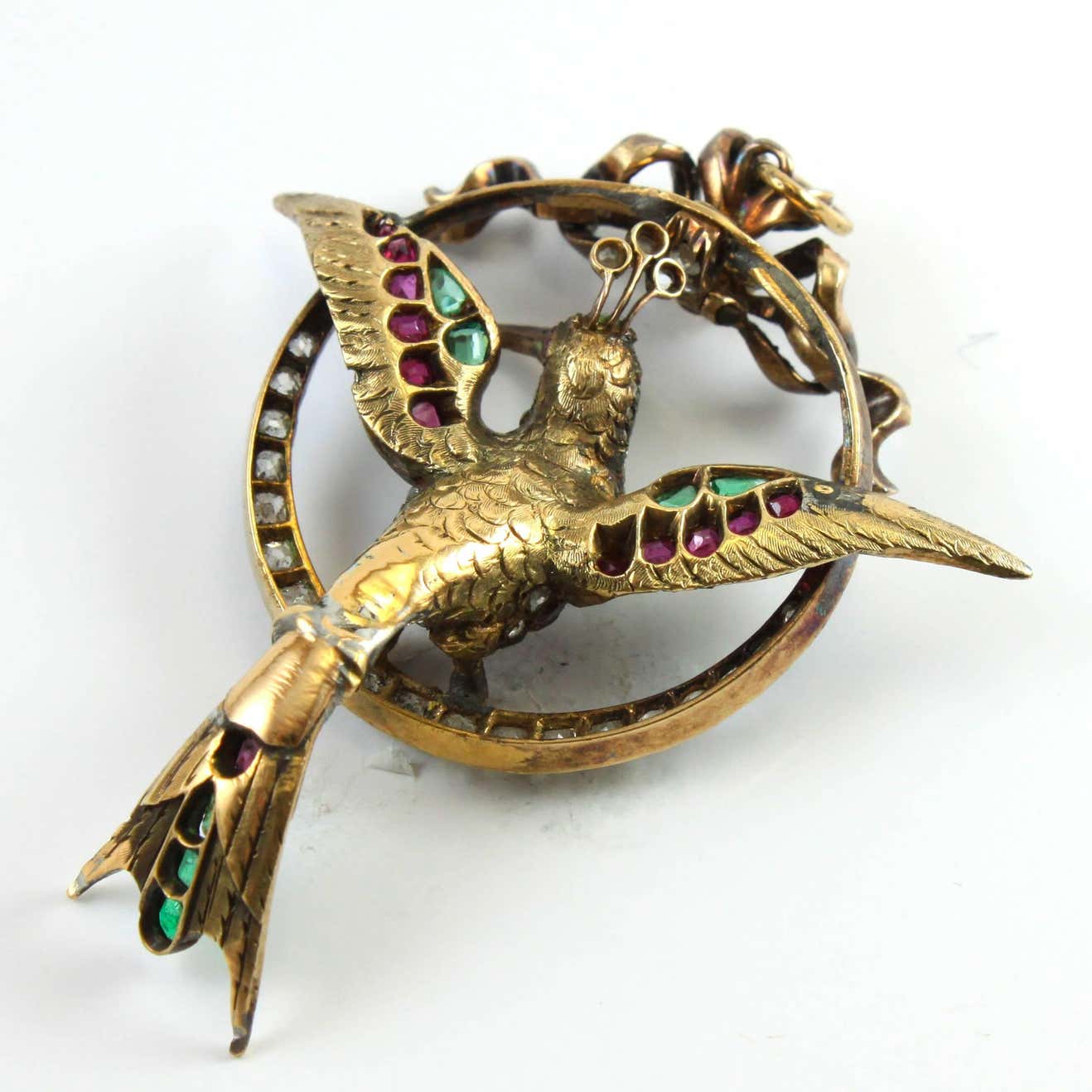 Antique Victorian Diamond, Ruby and Emerald Mockingbird Pendant