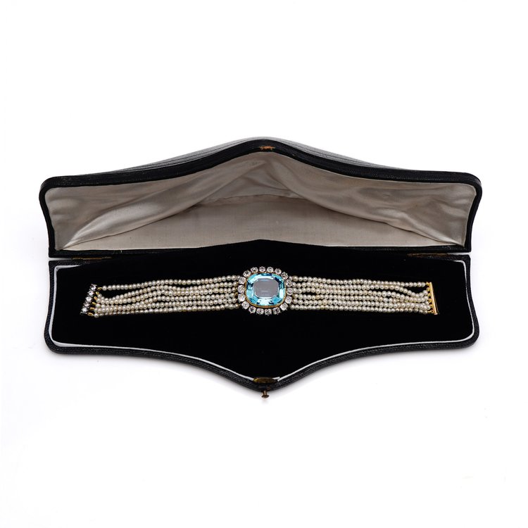 Antique Aquamarine and Diamond Cluster Pearl Bracelet