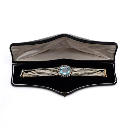 Antique Aquamarine and Diamond Cluster Pearl Bracelet