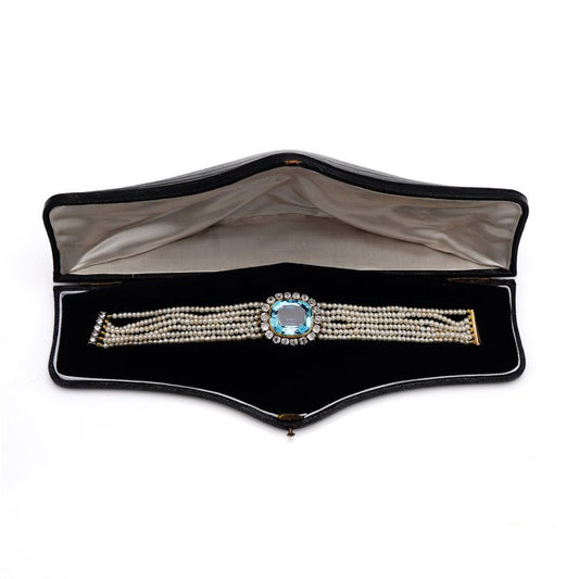 Antique Aquamarine and Diamond Cluster Pearl Bracelet