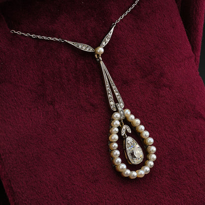 Antique Edwardian 1.20ct Pear Shaped Cushion Cut Diamond and Natural Pearl Cluster Pendant Necklace