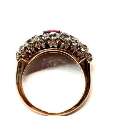 Victorian Antique 1.25ct Siamese Ruby and 3ct Old Mine Cut Diamond Domed Navette Cluster Dress Ring in 18ct yellow gold. Circa 1890