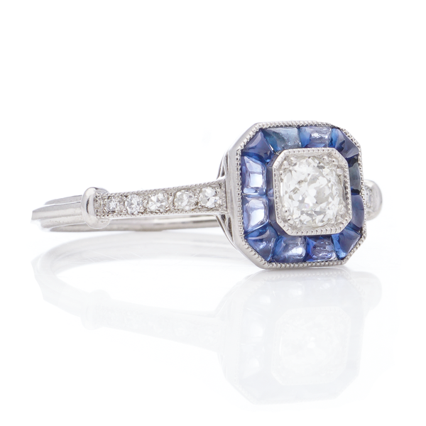 Art Deco Style Diamond and Sapphire Cluster Engagement Ring in Platinum