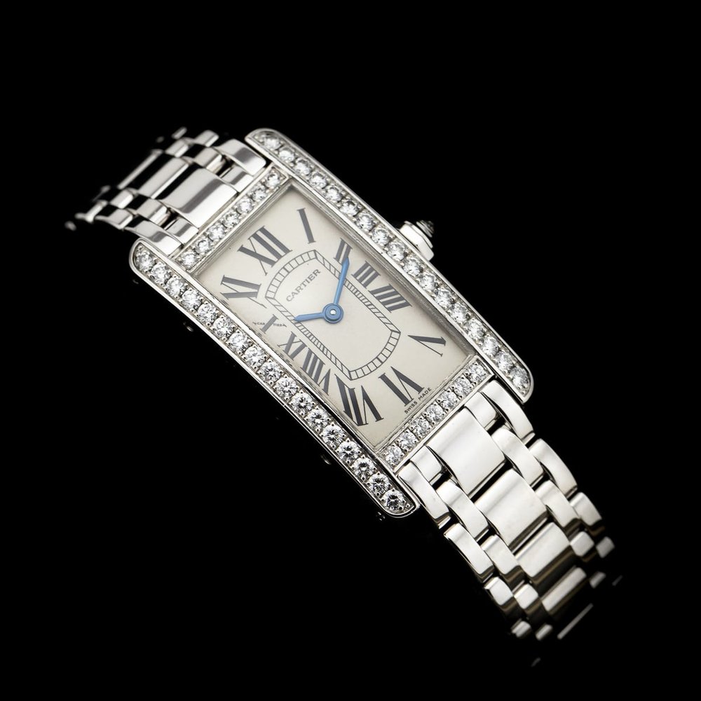 Cartier Tank Americaine 2489 White Gold Watch with Factory Diamonds and Cartier Service