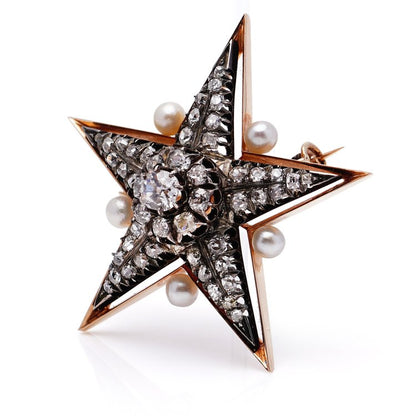 Antique Victorian Pearl and Old Mine Cut Diamond Star Brooch