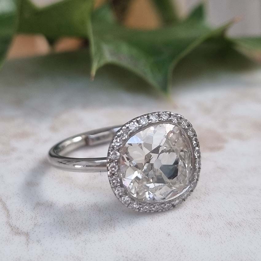 Vintage 3.15ct Cushion Old Cut Diamond Halo Cluster Engagement Ring in Platinum