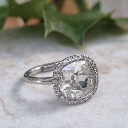 Vintage 3.15ct Cushion Old Cut Diamond Halo Cluster Engagement Ring in Platinum