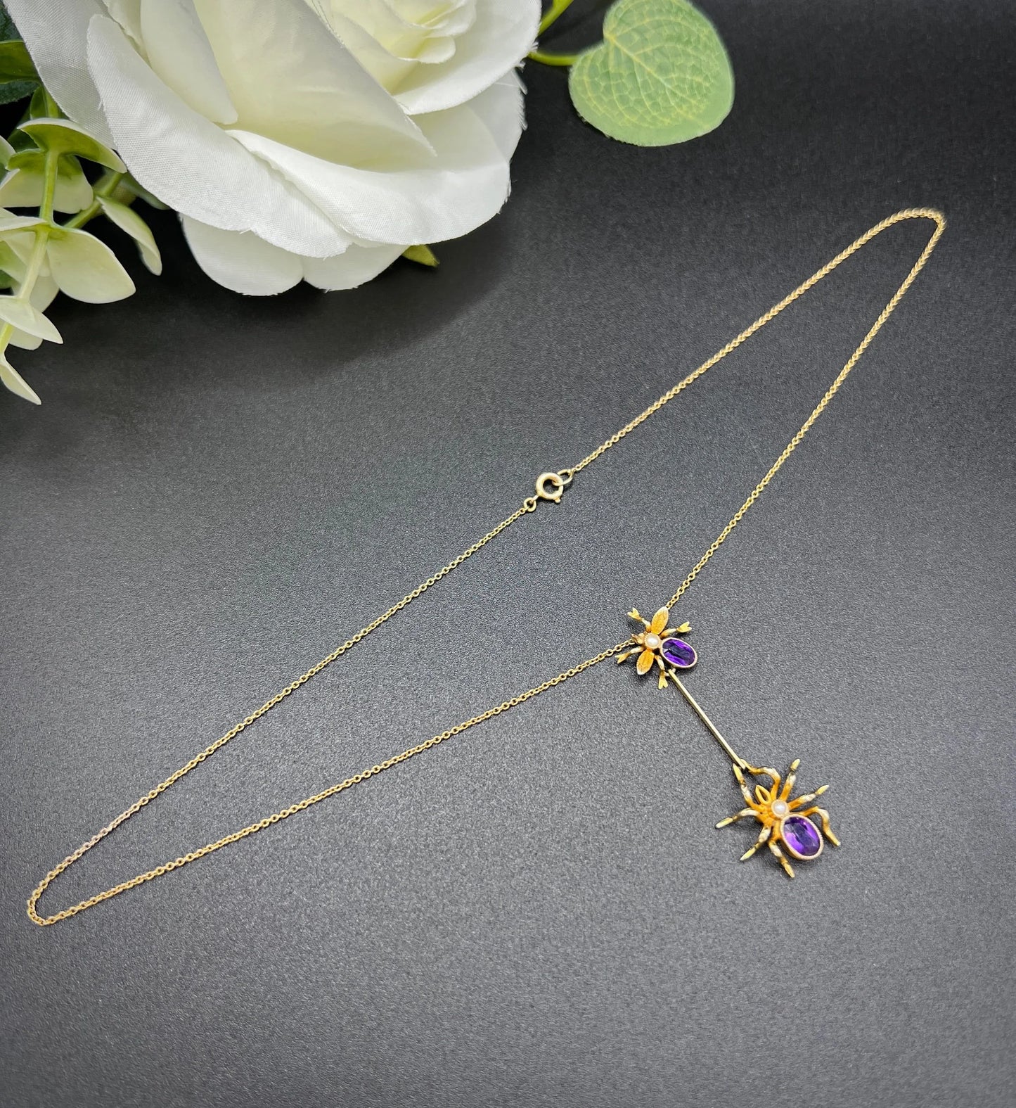 Antique 9 ct Gold, Edwardian Amethyst Spider And Fly Bug Pendant Necklace